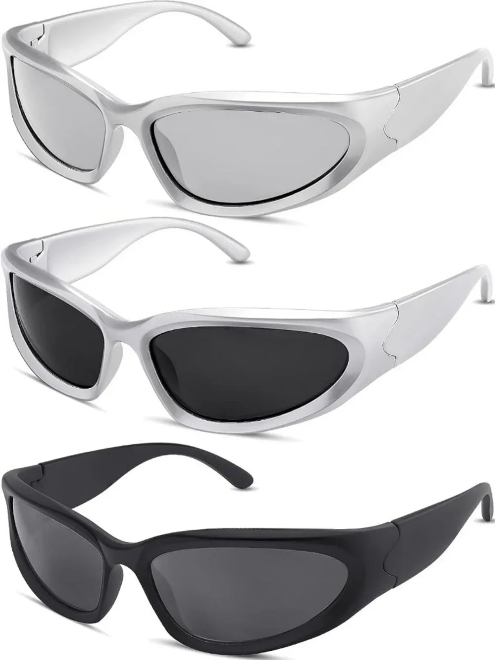 Trendy Y2K Wrap Around Sunglasses - Silver Oval Shades for Rave & Aesthetic